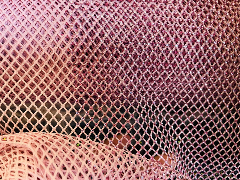 Rhinestone Fish Net Fabric - Dusty Rose - Solid Spandex Fish Net Style Fabric with Rhinestones by Yard