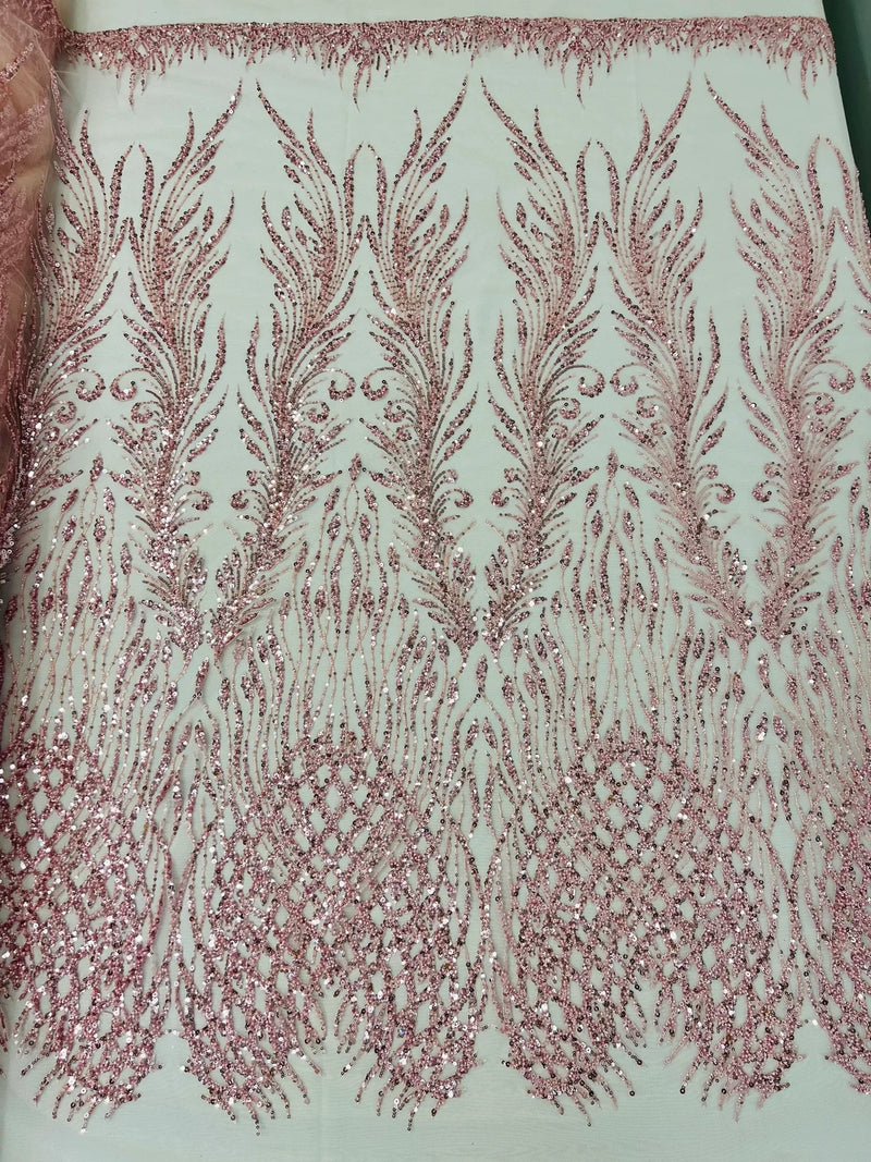 Beaded Embroidered Fabric - Pink - Embroidered Heart and Feather Pattern Fabric Sold By Yard