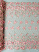 3D Triangle Floral Pearl Fabric - Pink - 3D Embroidered Floral Design on Lace Mesh By Yard