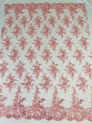 Floral Cluster Lace Fabric - Pink - Embroidered Flowers With Sequins on a Mesh Lace Fabric Sold By Yard