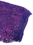 Floral Star Leaf Design - Plum - 4 Way Stretch Sequin Floral Design on Mesh By Yard