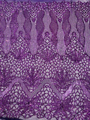 Floral Star Leaf Design - Plum - 4 Way Stretch Sequin Floral Design on Mesh By Yard