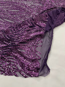 Long Wavy Line Design Sequins - Plum - 4 Way Stretch Sequin Design on Mesh Fabric By Yard