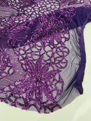 Floral Star Leaf Design - Plum - 4 Way Stretch Sequin Floral Design on Mesh By Yard