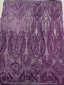 Long Wavy Line Design Sequins - Plum - 4 Way Stretch Sequin Design on Mesh Fabric By Yard
