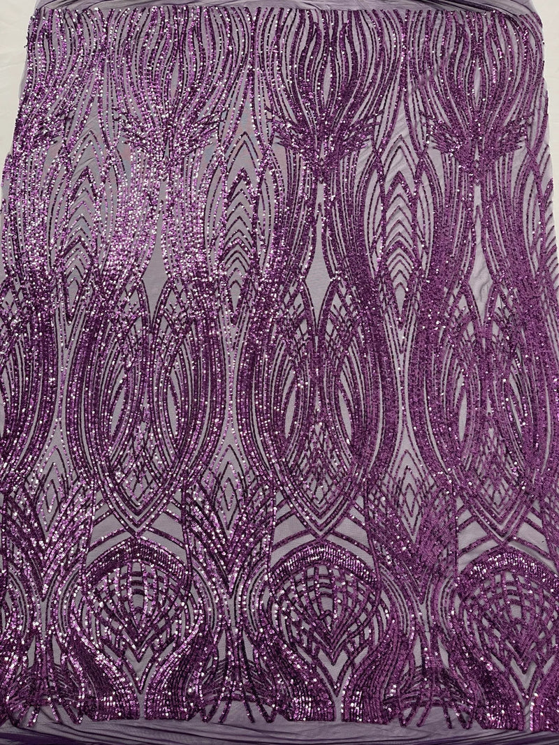 Long Wavy Line Design Sequins - Plum - 4 Way Stretch Sequin Design on Mesh Fabric By Yard