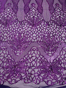 Floral Star Leaf Design - Plum - 4 Way Stretch Sequin Floral Design on Mesh By Yard