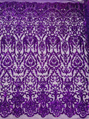 Damask Fancy Pattern Fabric - Purple - 4 Way Stretch Sequins Prom Design By Yard