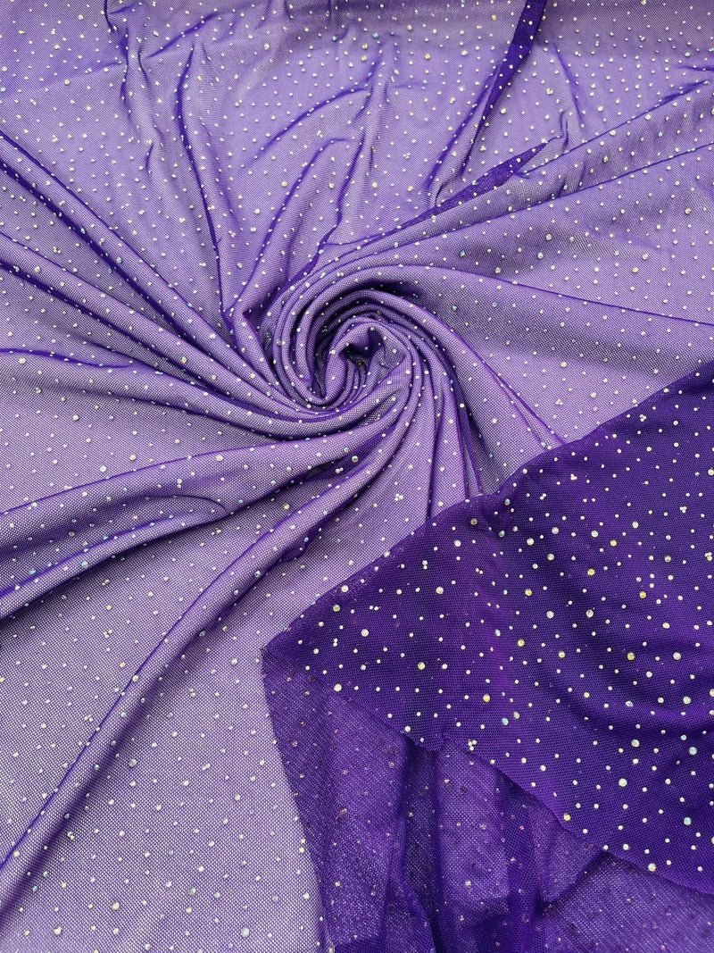 Power Mesh Polyester Rhinestones Fabric - Purple - 4 Way Stretch Mesh Fabric Sold by Yard