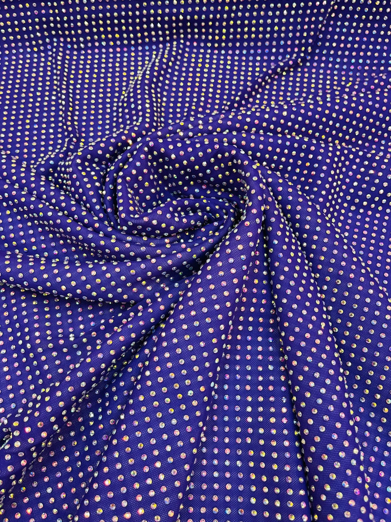 Rhinestones Power Mesh Fabric - Purple - 4 Way Stretch Power Mesh Crystal RhineStones Sold by Yard