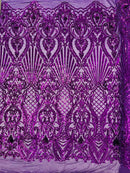 Damask Geometric Sequins - Purple - 4 Way Stretch Sequins Design Sold By Yard