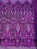 Damask Geometric Sequins - Purple - 4 Way Stretch Sequins Design Sold By Yard
