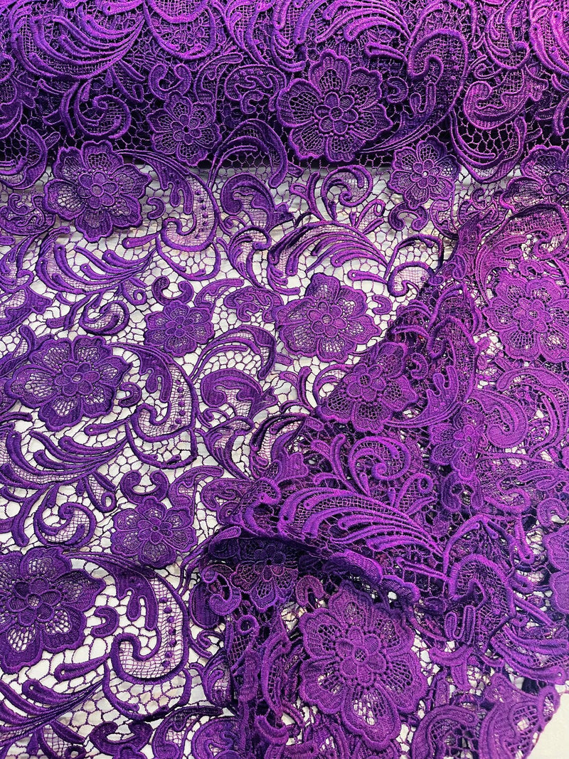 Purple Guipure Lace Fabric Floral Bridal Lace Guipure Wedding Dress by the Yard (Pick a Size)