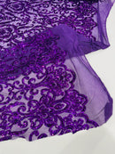 Damask Fancy Pattern Fabric - Purple - 4 Way Stretch Sequins Prom Design By Yard