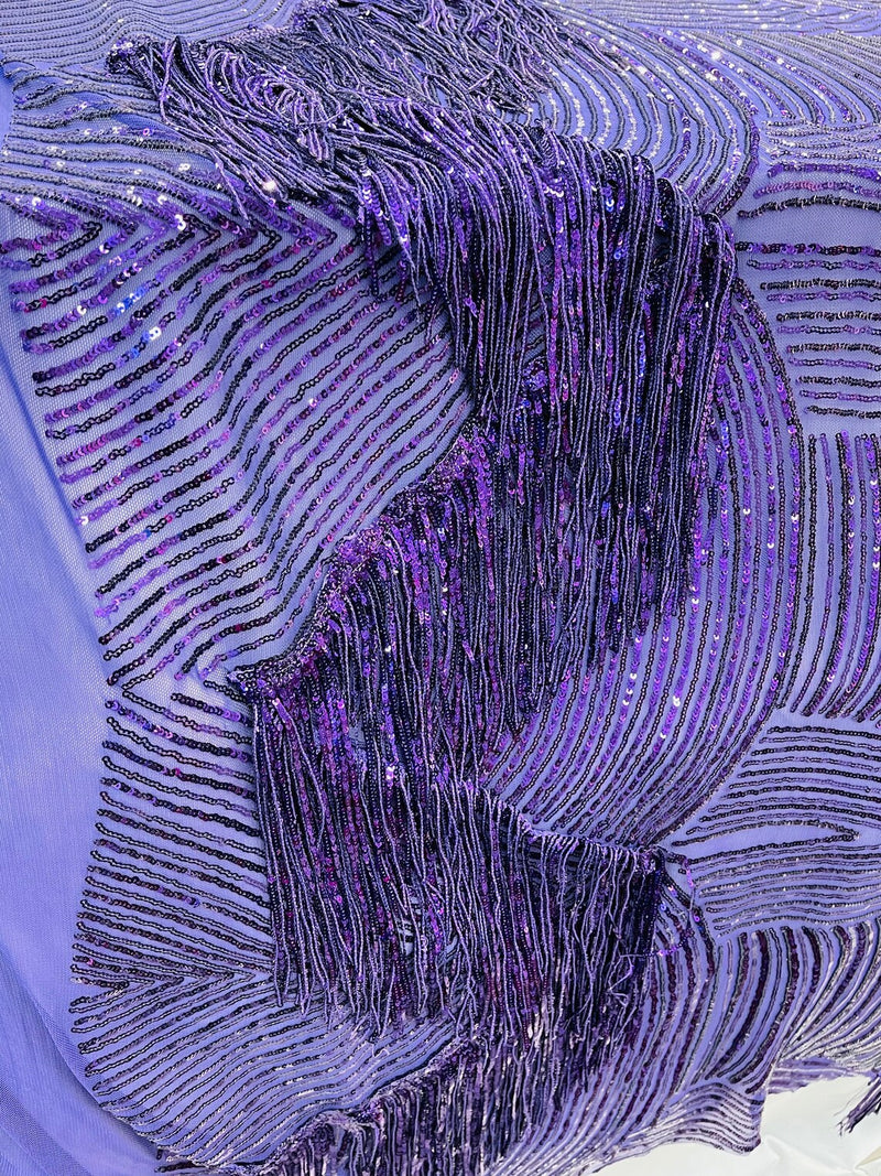 Fringe Sequins Design - Purple - Fringe Design Embroidered on a  4 Way Stretch Lace Mesh (Pick A Size)