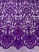 Damask Fancy Pattern Fabric - Purple - 4 Way Stretch Sequins Prom Design By Yard