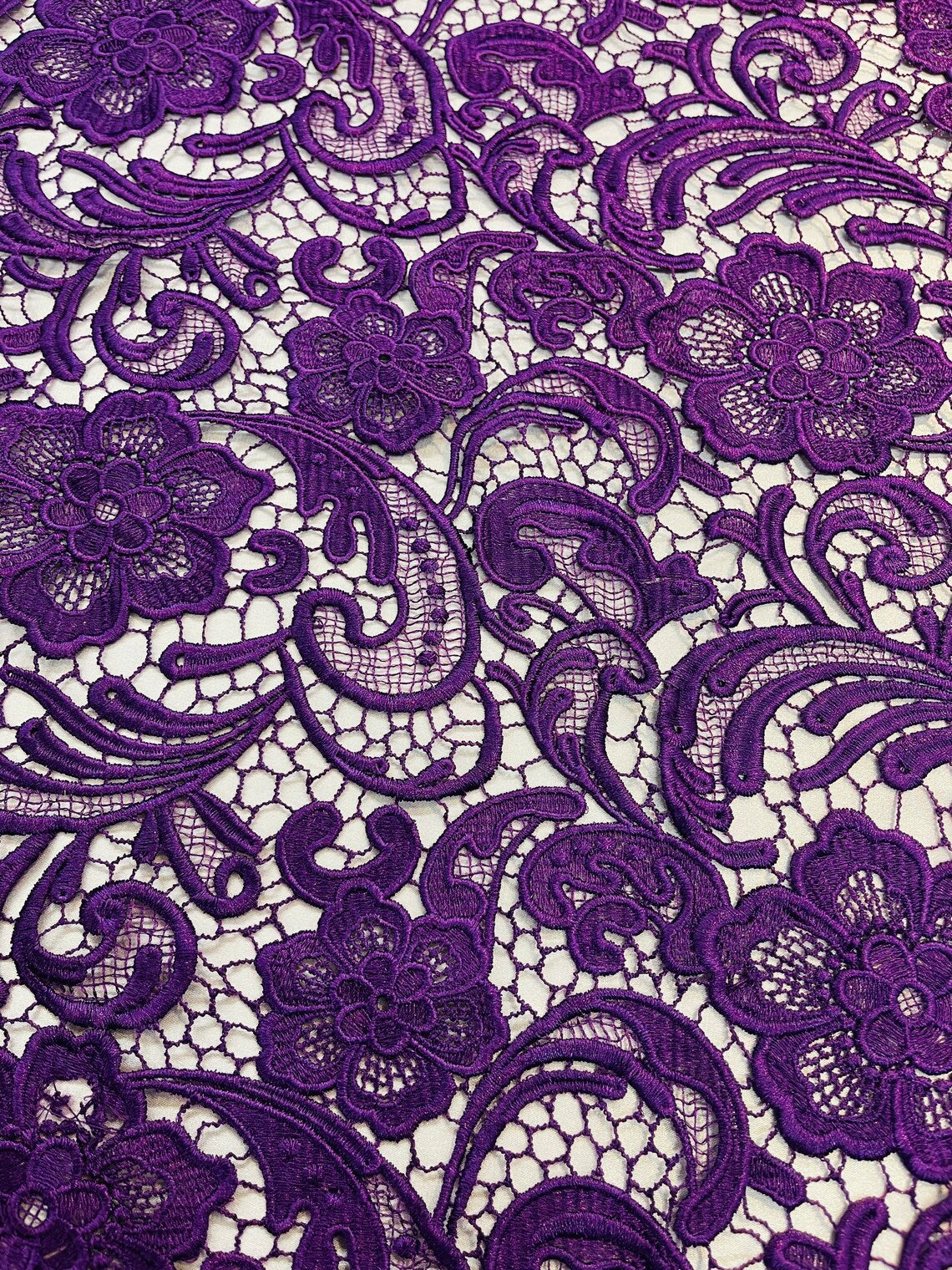 Purple Guipure Lace Fabric Floral Bridal Lace Guipure Wedding Dress by
