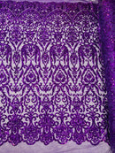 Damask Fancy Pattern Fabric - Purple - 4 Way Stretch Sequins Prom Design By Yard