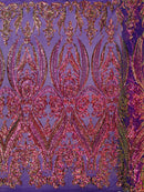 Damask Sequins - Purple Iridescent - Damask Sequin Design on 4 Way Stretch Fabric By Yard