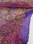 Damask Geometric Sequins - Purple Iridescent - 4 Way Stretch Sequins Design Sold By Yard