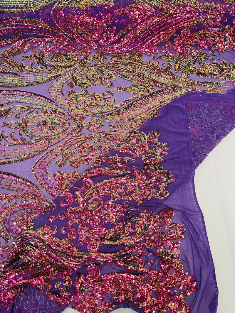 Damask Sequins - Purple Iridescent - Damask Sequin Design on 4 Way Stretch Fabric By Yard