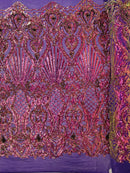 Damask Geometric Sequins - Purple Iridescent - 4 Way Stretch Sequins Design Sold By Yard