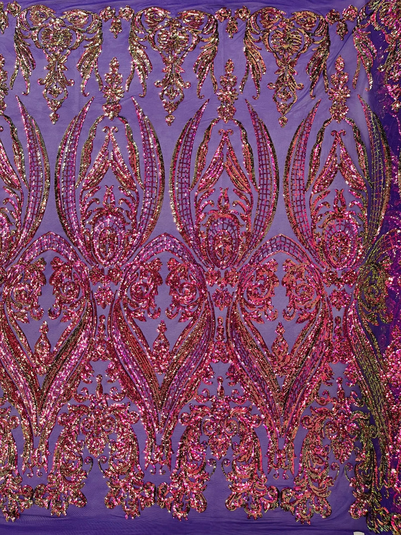 Damask Sequins - Purple Iridescent - Damask Sequin Design on 4 Way Stretch Fabric By Yard