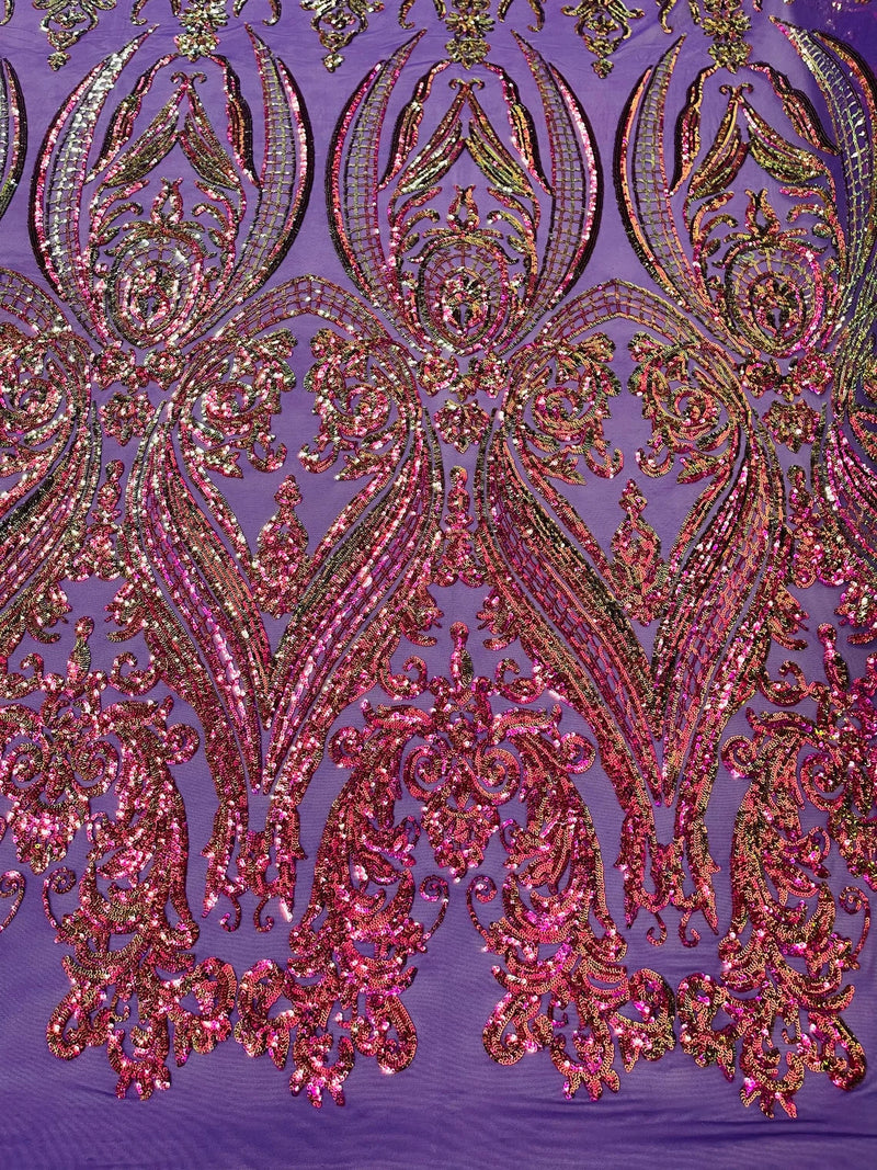 Damask Sequins - Purple Iridescent - Damask Sequin Design on 4 Way Stretch Fabric By Yard