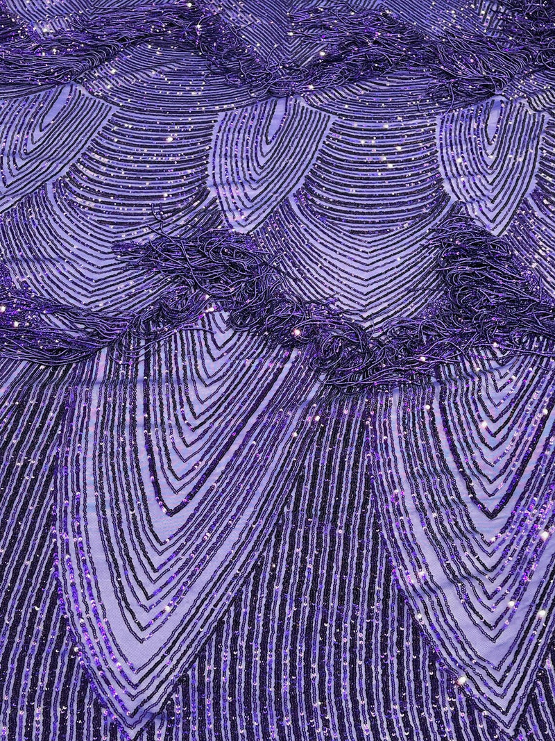 Fringe Sequins Design - Purple - Fringe Design Embroidered on a  4 Way Stretch Lace Mesh (Pick A Size)