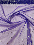 Foil Star Sheer Organza - Silver On Purple - 60" Sheer Silver Star Organza Fabric Sold By Yard