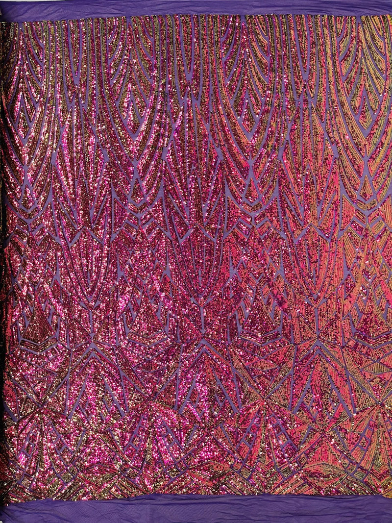 Sequins Fabric - Iridescent Purple - Geometric Pattern Design 4 Way Stretch Sold By Yard