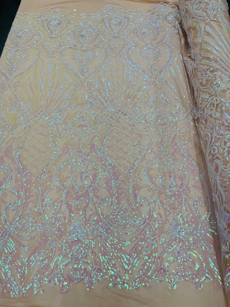 Damask Geometric Sequins - Pink Iridescent on Nude - 4 Way Stretch Sequins Design Sold By Yard