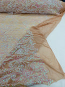 Damask Geometric Sequins - Pink Iridescent on Nude - 4 Way Stretch Sequins Design Sold By Yard