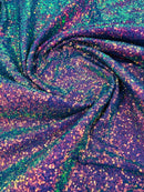 Mini Glitz Sequins - Iridescent Purple/Green on Purple Mesh - Mini Sequins on 4 Way Stretch Mesh Fabric