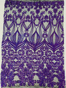 Damask Small Heart Design - Purple Holographic - Floral Heart Design Sequins on Mesh By Yard