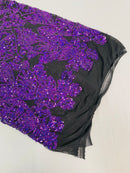 Damask Small Heart Design - Purple Holographic - Floral Heart Design Sequins on Mesh By Yard