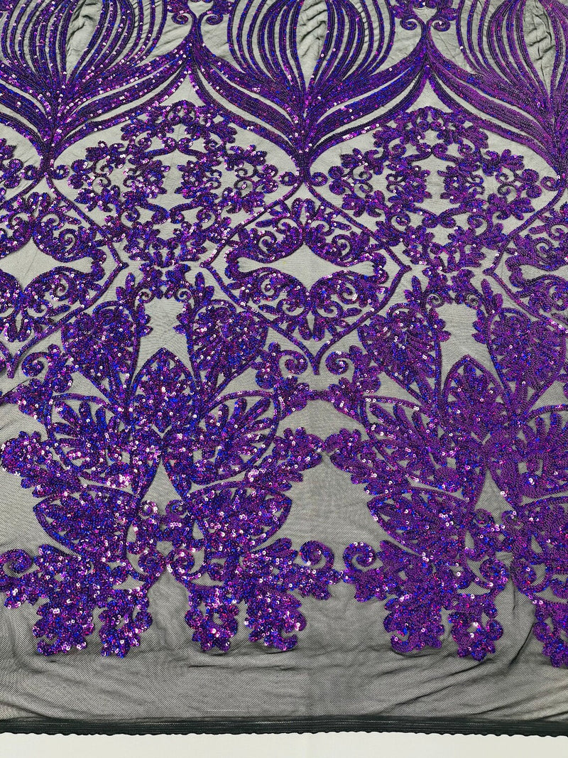 Damask Small Heart Design - Purple Holographic - Floral Heart Design Sequins on Mesh By Yard