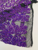 Damask Small Heart Design - Purple Holographic - Floral Heart Design Sequins on Mesh By Yard