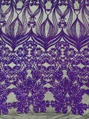 Damask Small Heart Design - Purple Holographic - Floral Heart Design Sequins on Mesh By Yard