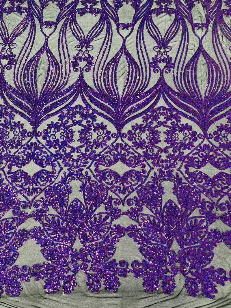 Damask Small Heart Design - Purple Holographic - Floral Heart Design Sequins on Mesh By Yard