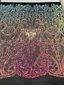 Heart Shape Sequins Fabric - Rainbow - 4 Way Stretch Sequins Damask Fabric By Yard