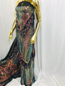 Fringe Sequins Design - Iridescent Rainbow - Fringe Design Embroidered on a  4 Way Stretch Lace Mesh (Pick A Size)