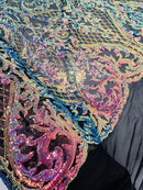 Heart Shape Sequins Fabric - Rainbow - 4 Way Stretch Sequins Damask Fabric By Yard