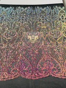 Heart Shape Sequins Fabric - Rainbow - 4 Way Stretch Sequins Damask Fabric By Yard