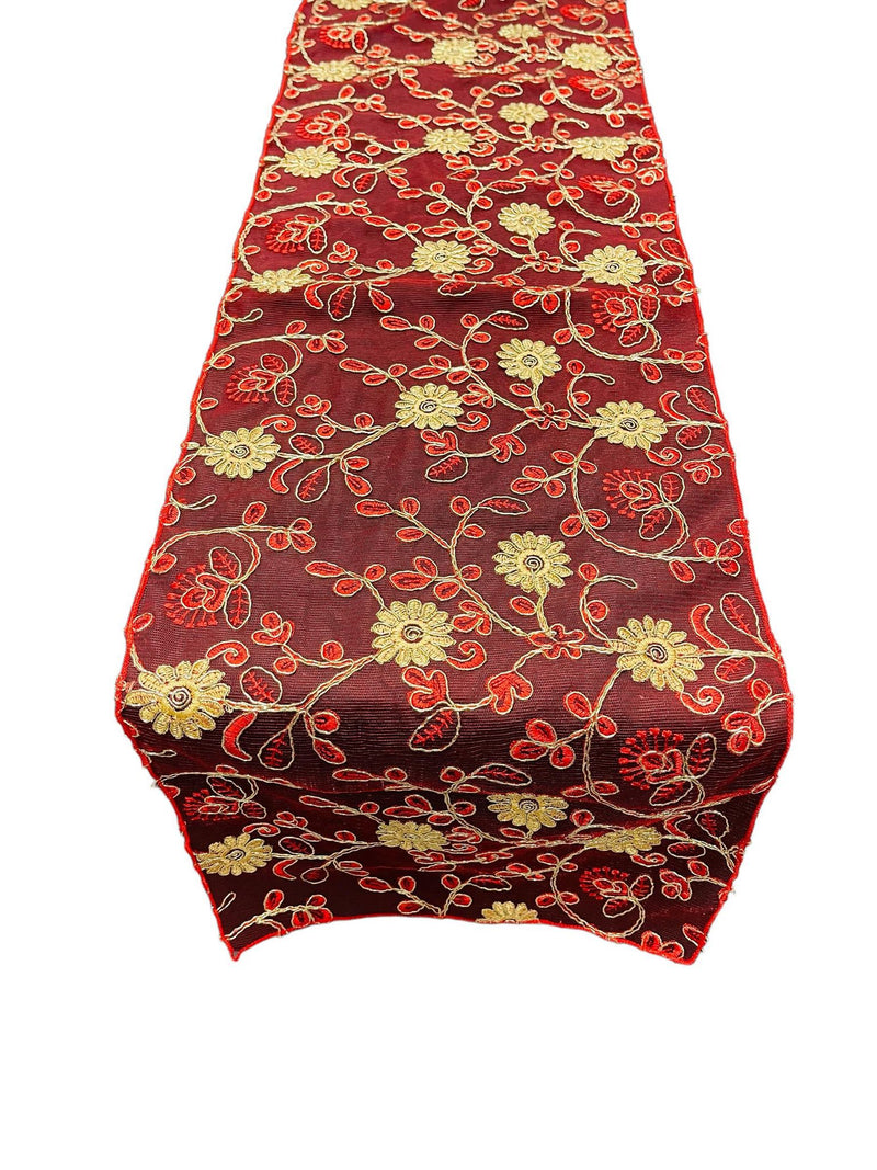 12" x 90" Metallic Floral Table Runner - Gold / Red - Floral Table Runners for Event Decoration