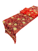 12" x 90" Metallic Floral Table Runner - Gold / Red - Floral Table Runners for Event Decoration