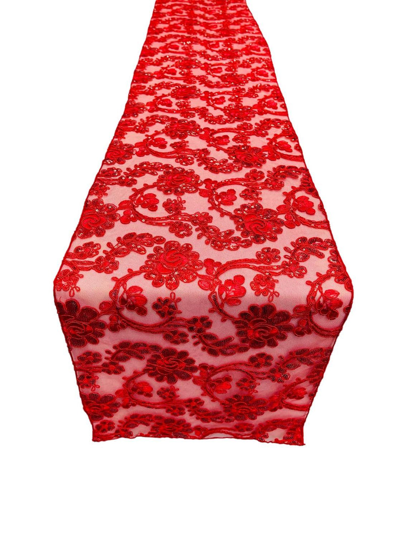 Floral Lace Table Runner - Red - 12" x 90" Sequins Floral Lace Table Runner