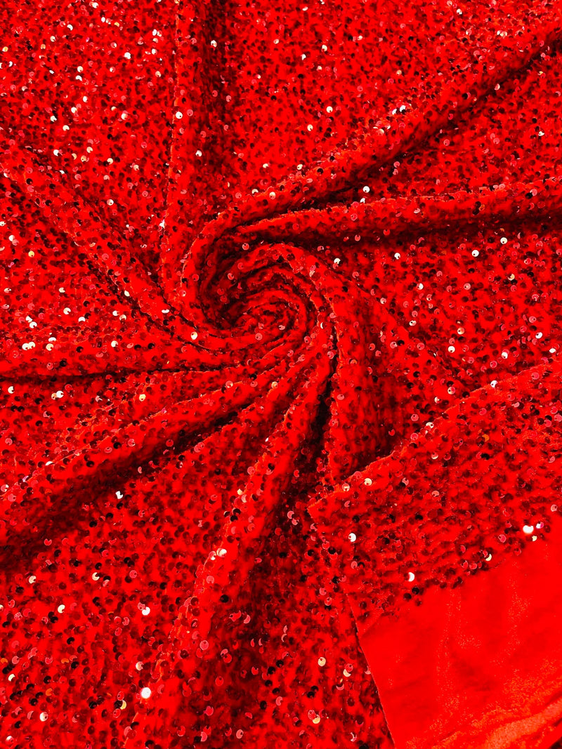 58/60" Velvet Sequins Stretch Fabric - Red - Velvet Sequins 2 Way Stretch Sold By Yard