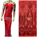 Long Wavy Line Design Sequins - Red - 4 Way Stretch Sequin Design on Mesh Fabric By Yard