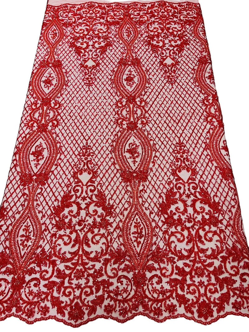 Elegant Damask Beaded Fabric - Red - Embroidered Floral Damask Net Fabric Sold By Yard